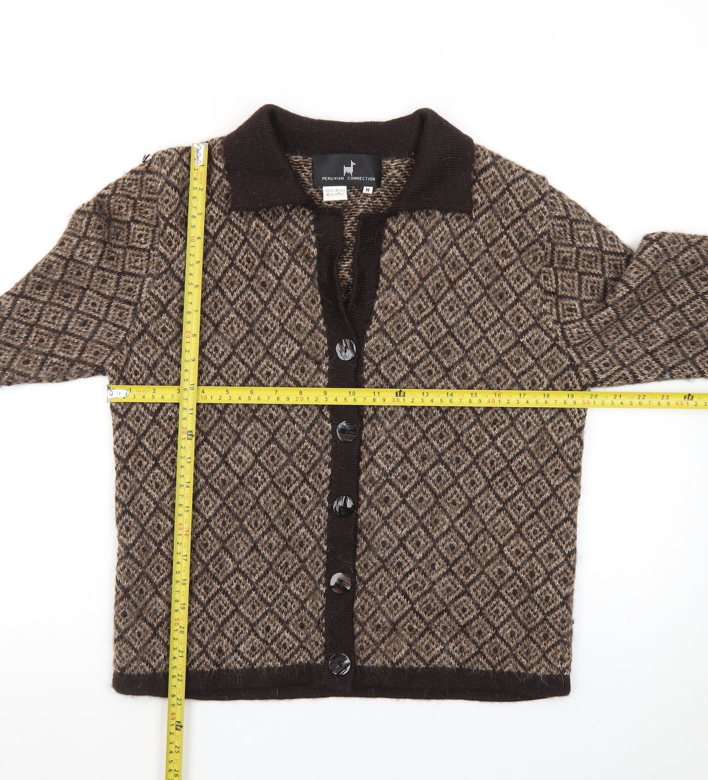 Peruvian Connection Women's Brown Alpaca Diamond Knit Cardigan M
