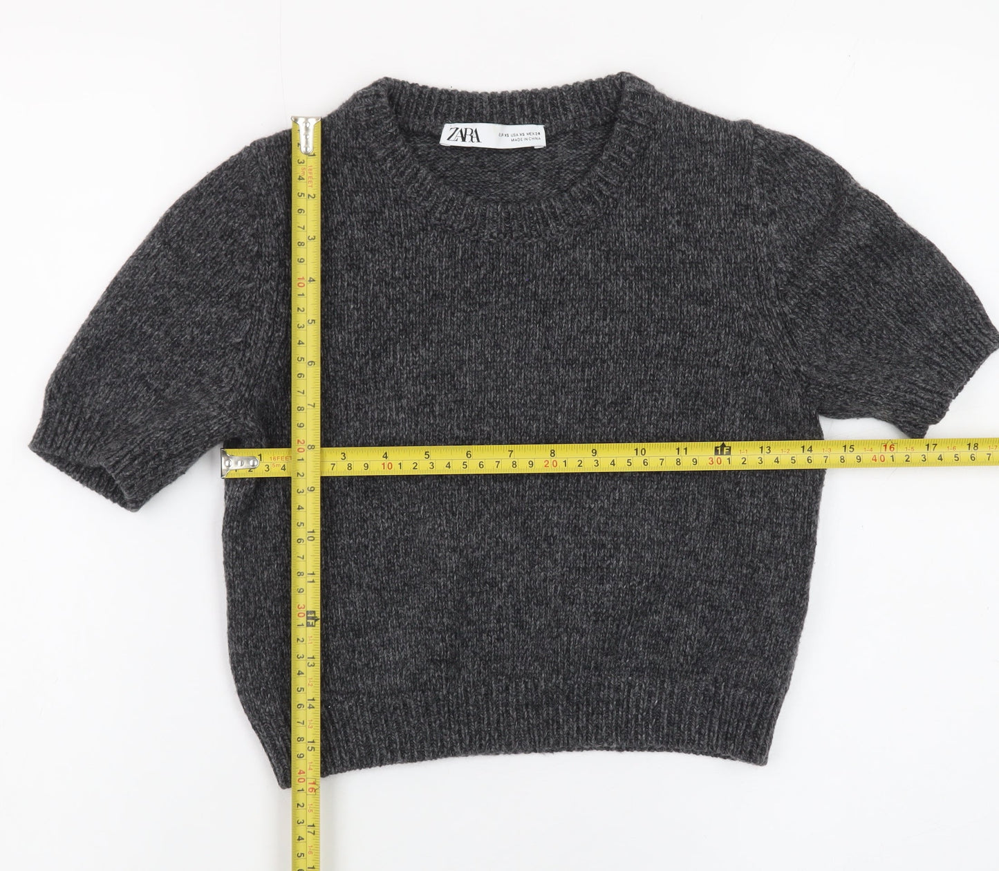 Zara Women Grey Wool Blend Short Sleeve Crew Neck Jumper XS