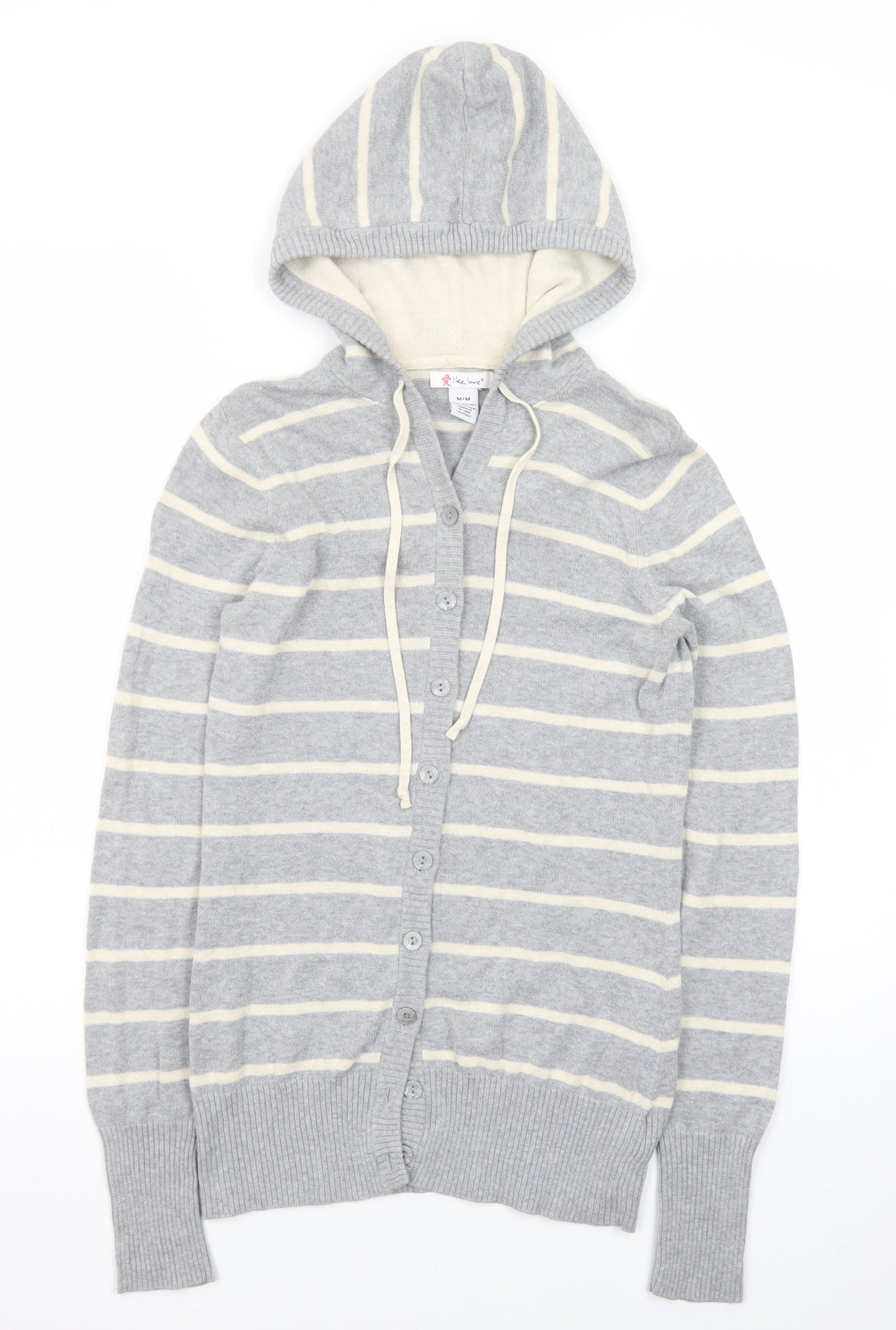 Like Love Women Grey Striped Hooded Cardigan M 100% Cotton Knit