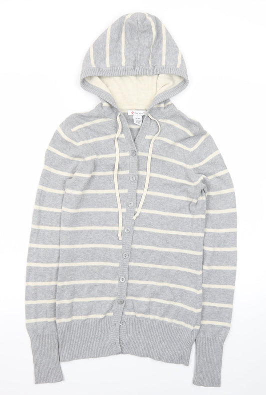 Like Love Women Grey Striped Hooded Cardigan M 100% Cotton Knit