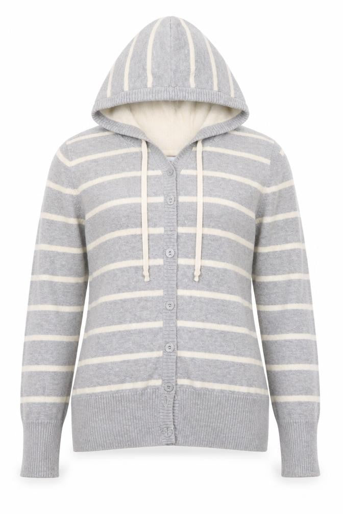 Like Love Women Grey Striped Hooded Cardigan M 100% Cotton Knit