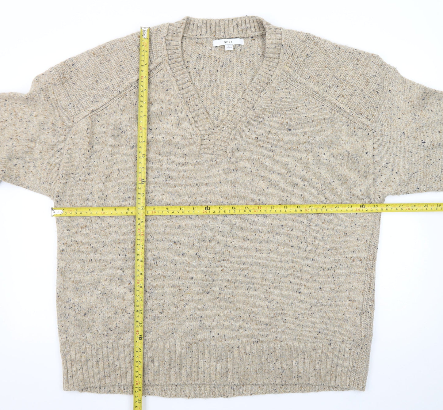 Next Men’s Beige Wool Blend V-Neck Chunky Knit Jumper Size L