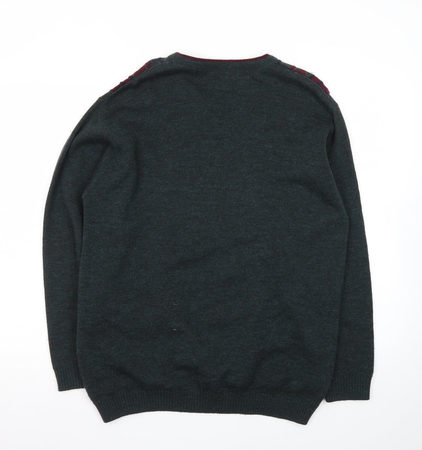 Essentials Men's Green Argyle V-Neck Pullover Jumper Size S