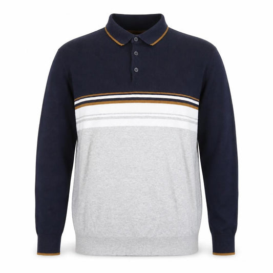 Front view of Easy Men's Blue & Grey Striped Collared jumper XL