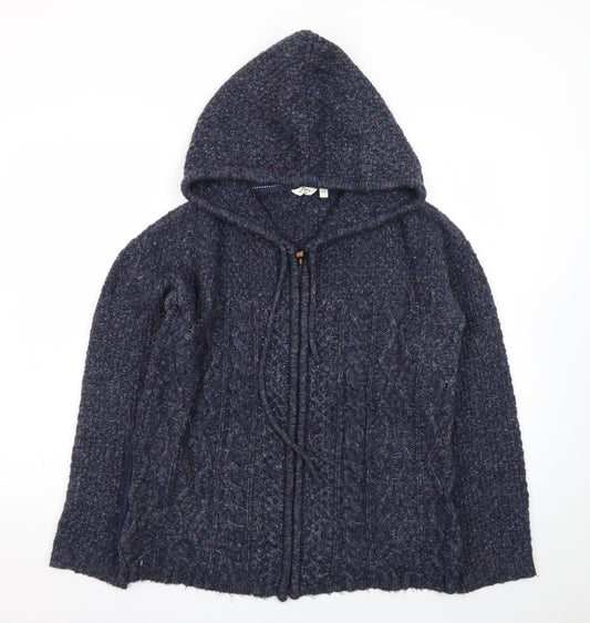 FatFace Women's Blue Wool Blend Hooded Cable Knit Zip Jumper Size 10