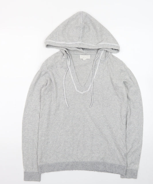 The White Company Womens Grey XS Striped V-Neck Hooded Cotton Jumper