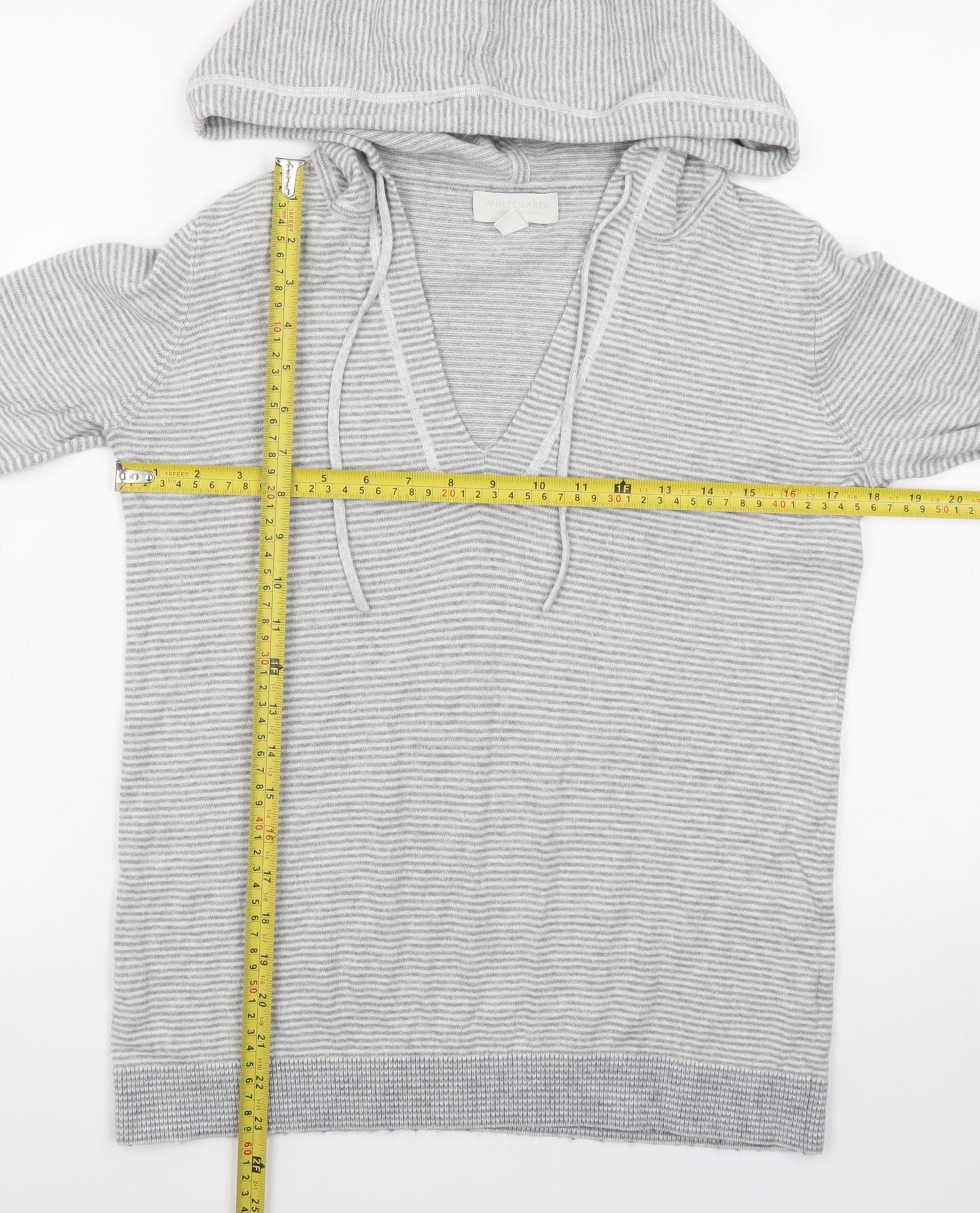 The White Company Womens Grey XS Striped V-Neck Hooded Cotton Jumper