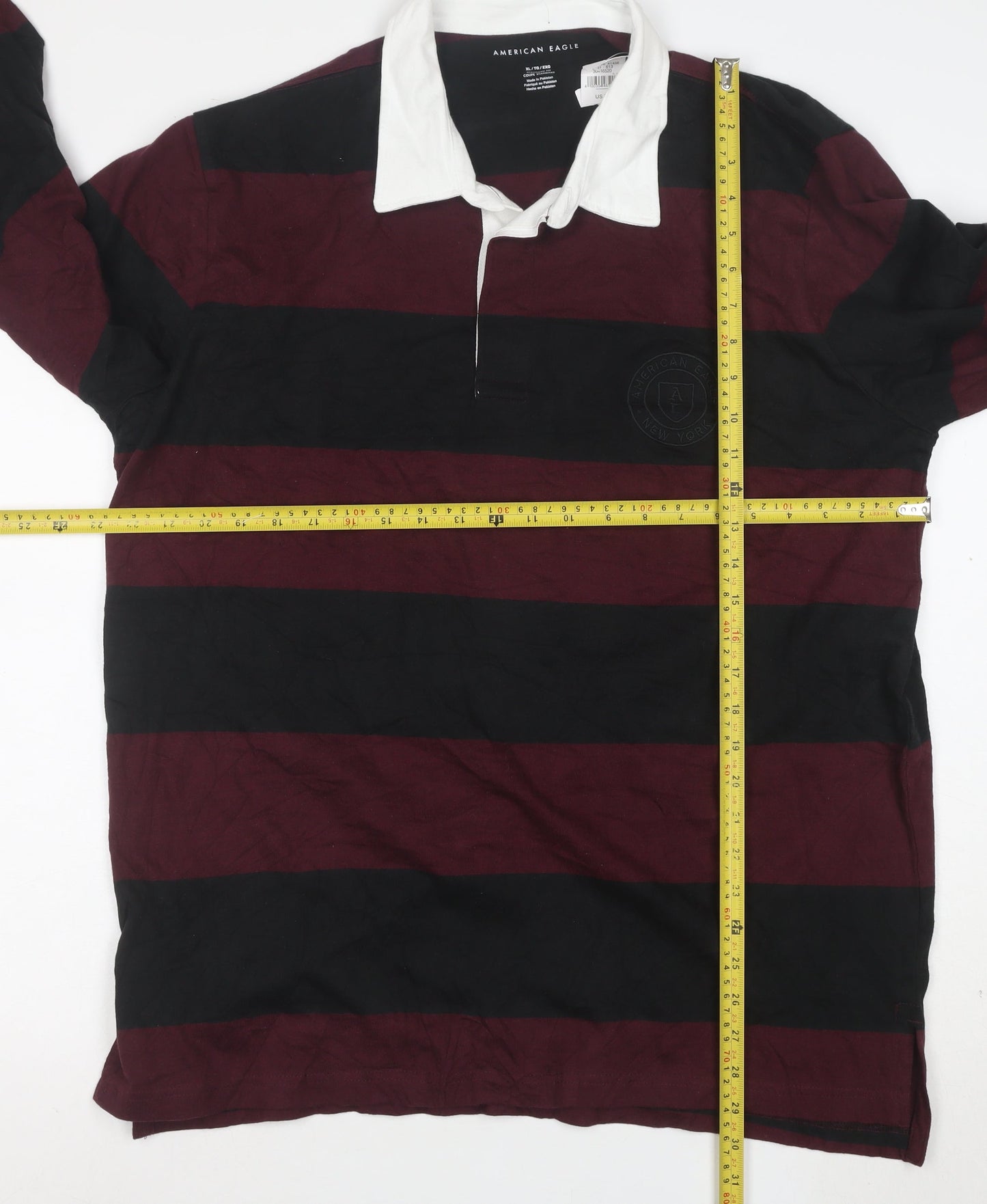 American Eagle Men’s XL Burgundy Black Striped Long Sleeve Polo Shirt