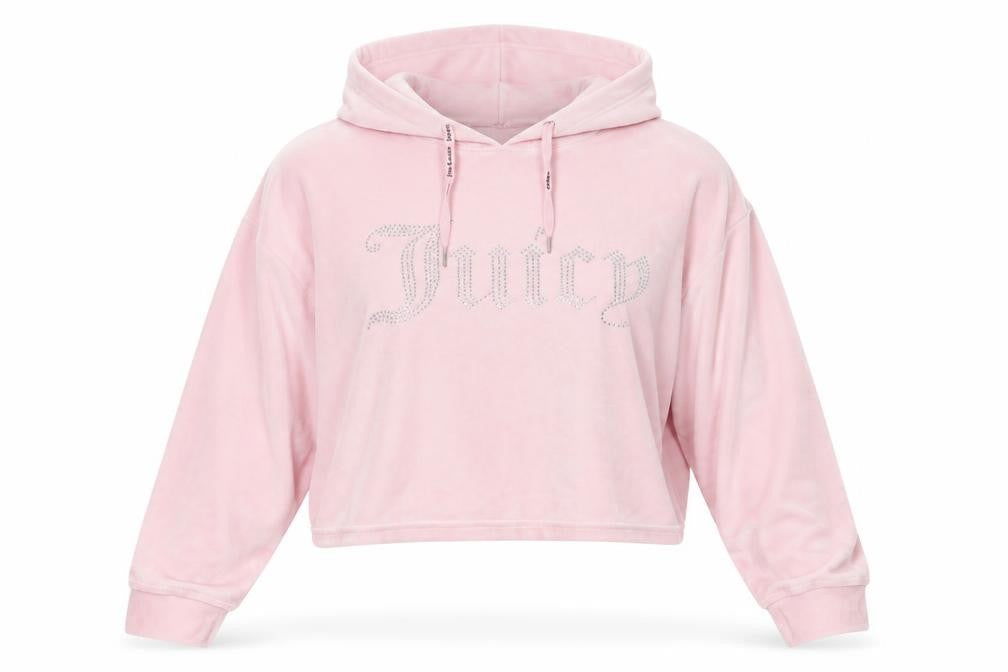 Juicy Couture Women Pink Velour Hooded Pullover Hoodie L Rhinestone Logo