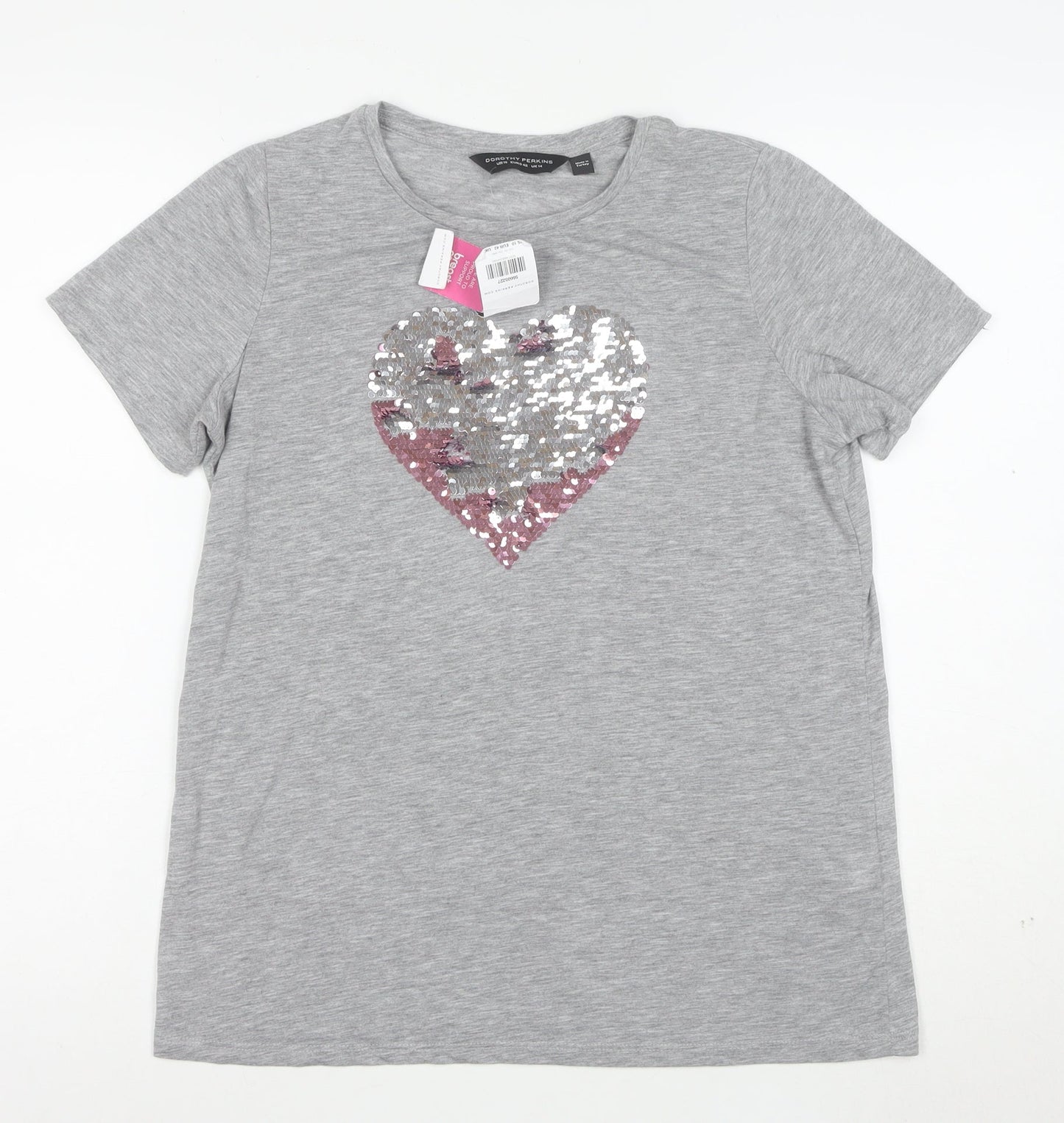 Dorothy Perkins Women Grey Sequin Heart Short Sleeve T-Shirt Size 14