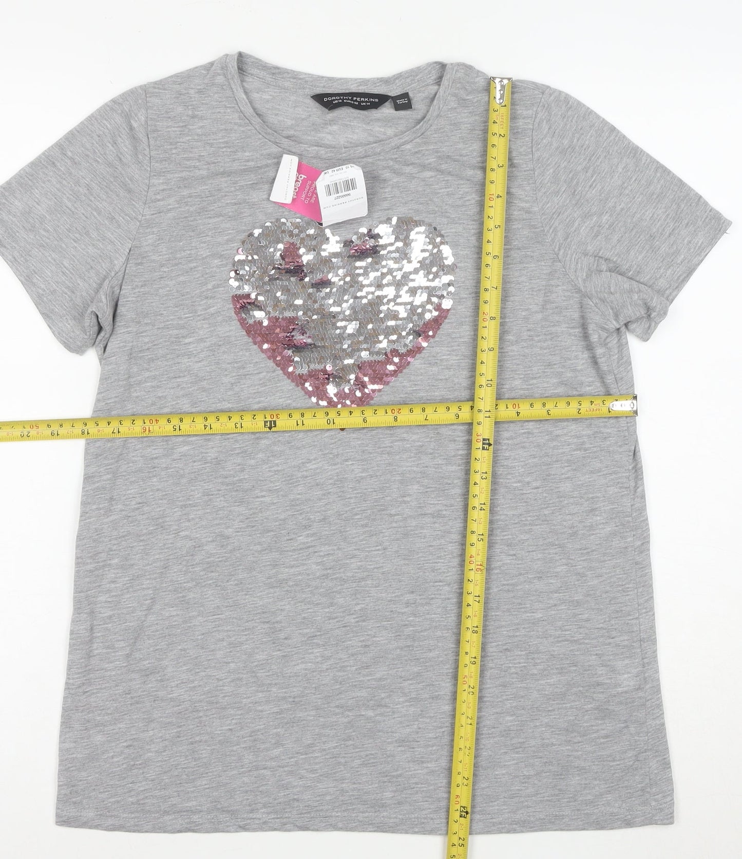 Dorothy Perkins Women Grey Sequin Heart Short Sleeve T-Shirt Size 14