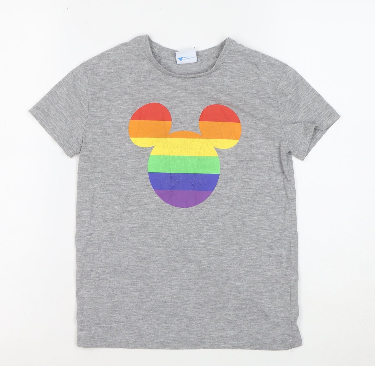 TU Girls Grey Mickey Mouse Rainbow T-Shirt 8 Years Short Sleeve Cotton Blend