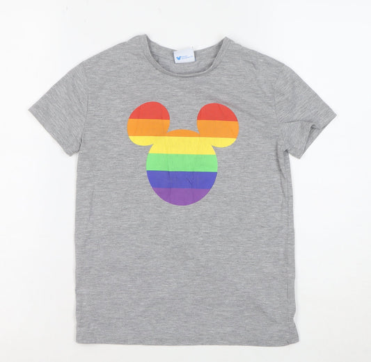 TU Girls Grey Mickey Mouse Rainbow T-Shirt 8 Years Short Sleeve Cotton Blend