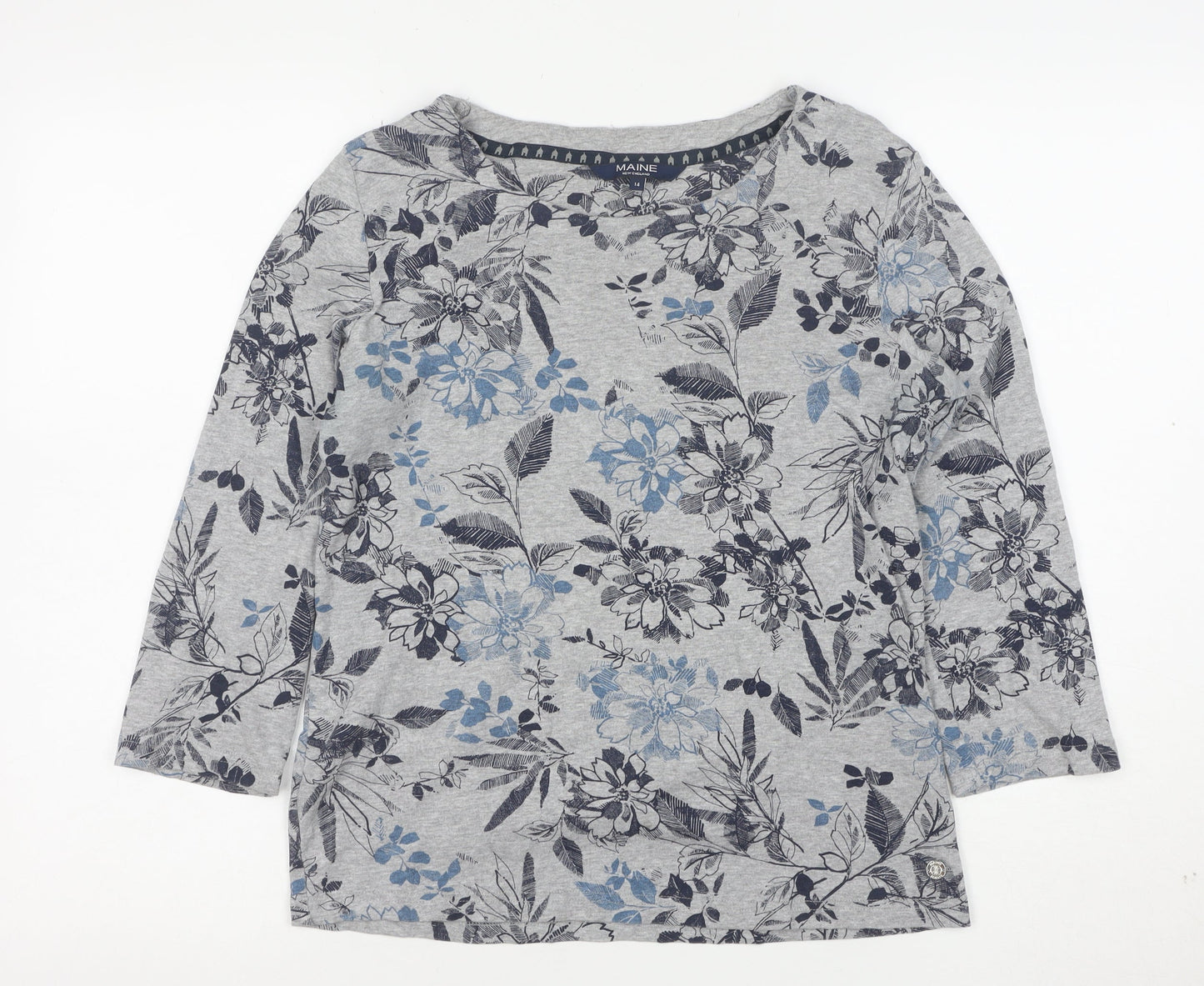 Maine New England Womens Grey Floral 3/4 Sleeve Jersey Top Size 14