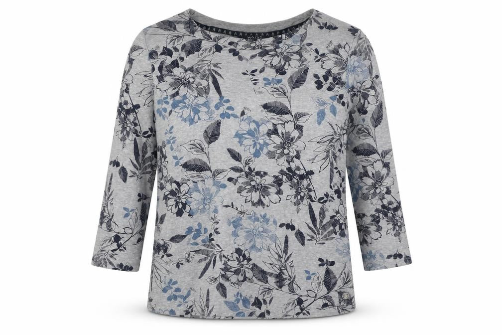 Maine New England Womens Grey Floral 3/4 Sleeve Jersey Top Size 14