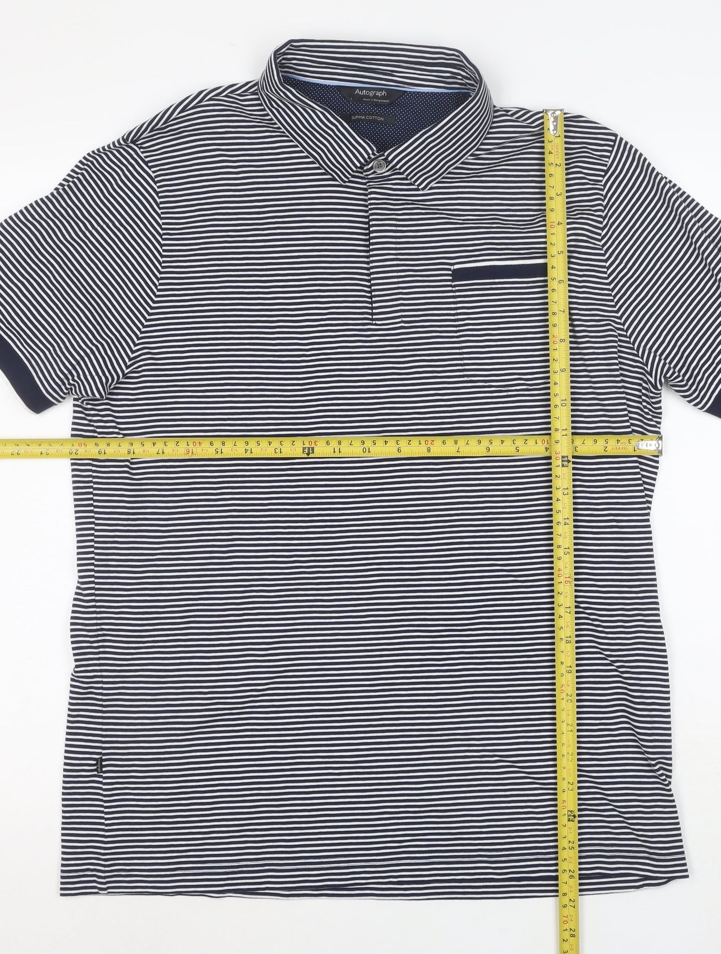 Marks and Spencer Autograph Men's Blue Striped Cotton Polo Shirt L