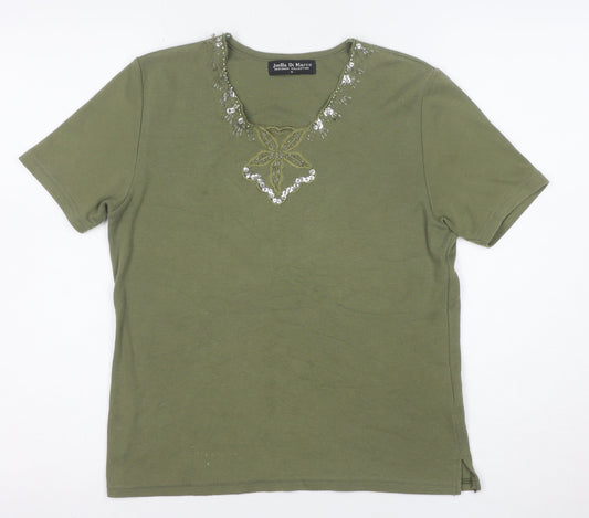 Joella Di Marco Women's Green Beaded V-Neck Short Sleeve T-Shirt size M