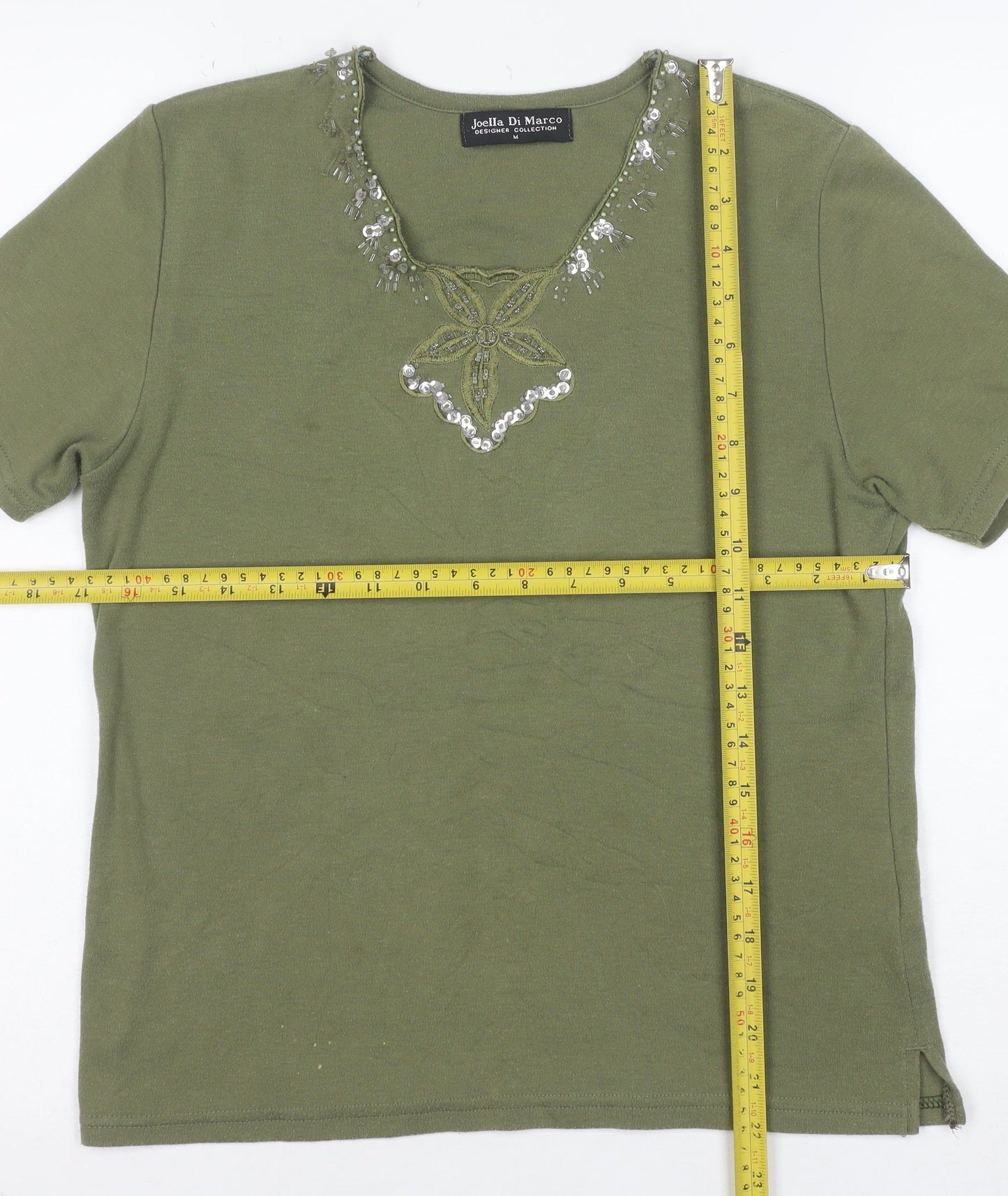 Joella Di Marco Women's Green Beaded V-Neck Short Sleeve T-Shirt size M