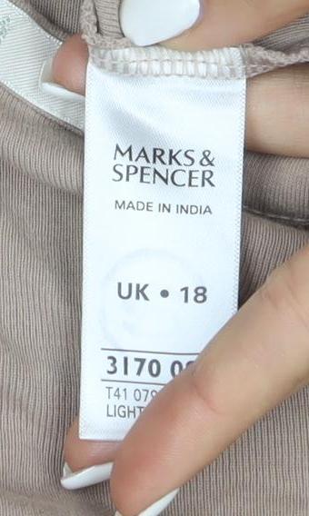 Marks and Spencer Women Beige 3/4 Sleeve Studded V-Neck Cotton Top Size 18
