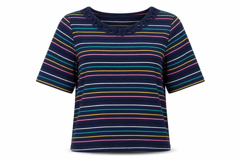 ESPRIT Women Blue Striped Cotton 3/4 Sleeve Scoop T-Shirt Size 18