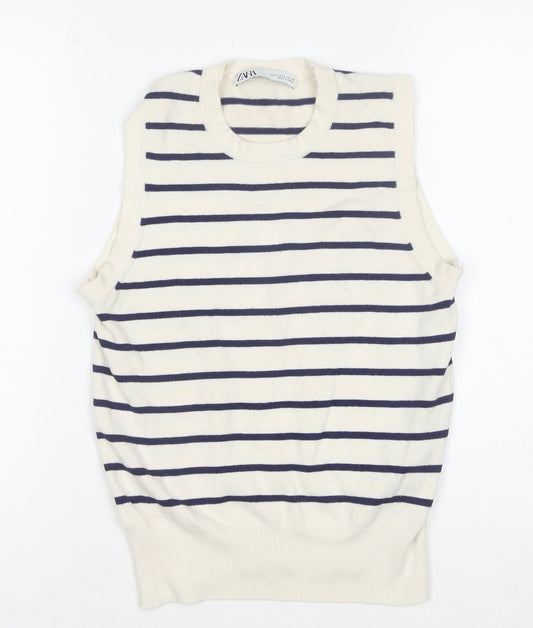 Zara Women Ivory Striped Knit Sleeveless Tank Top Size 8