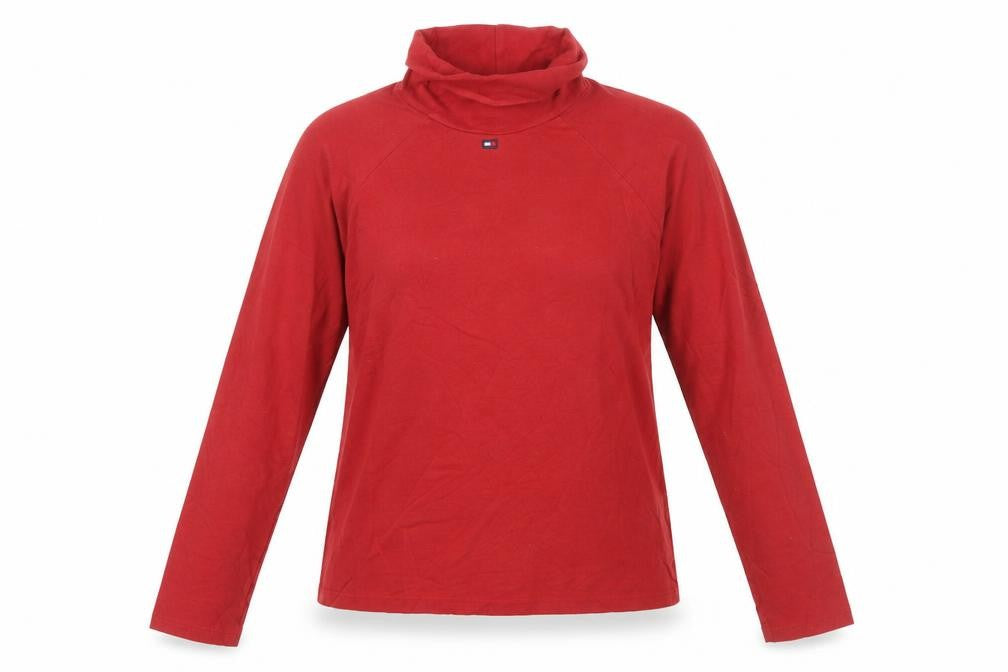 Tommy Jeans Women's Red Roll Neck Long Sleeve Basic Top L