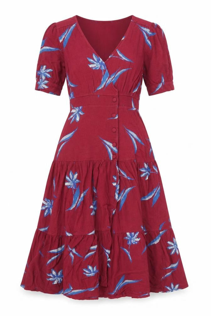 Monsoon Women Red Floral Midi Fit & Flare Dress Size S