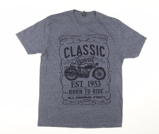 Gildan Men's Blue Classic Motorcycle Graphic Short Sleeve T-Shirt - L