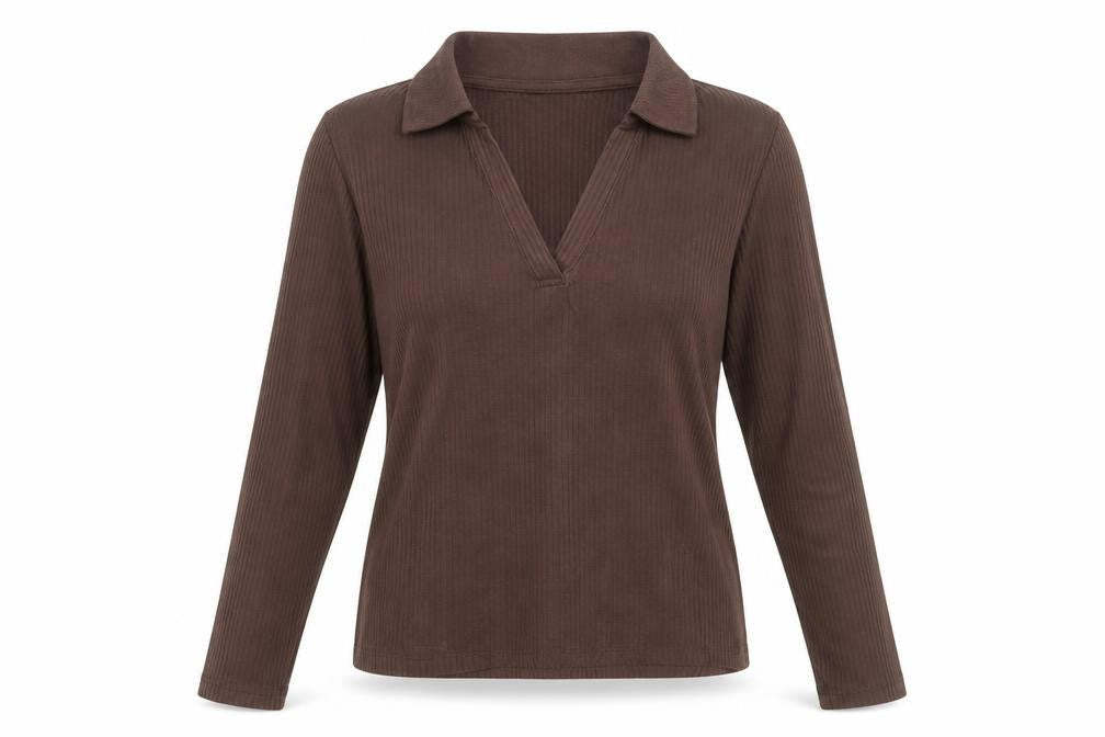 New Look Women's Brown Ribbed Collared Long Sleeve Slim Fit Top UK 10
