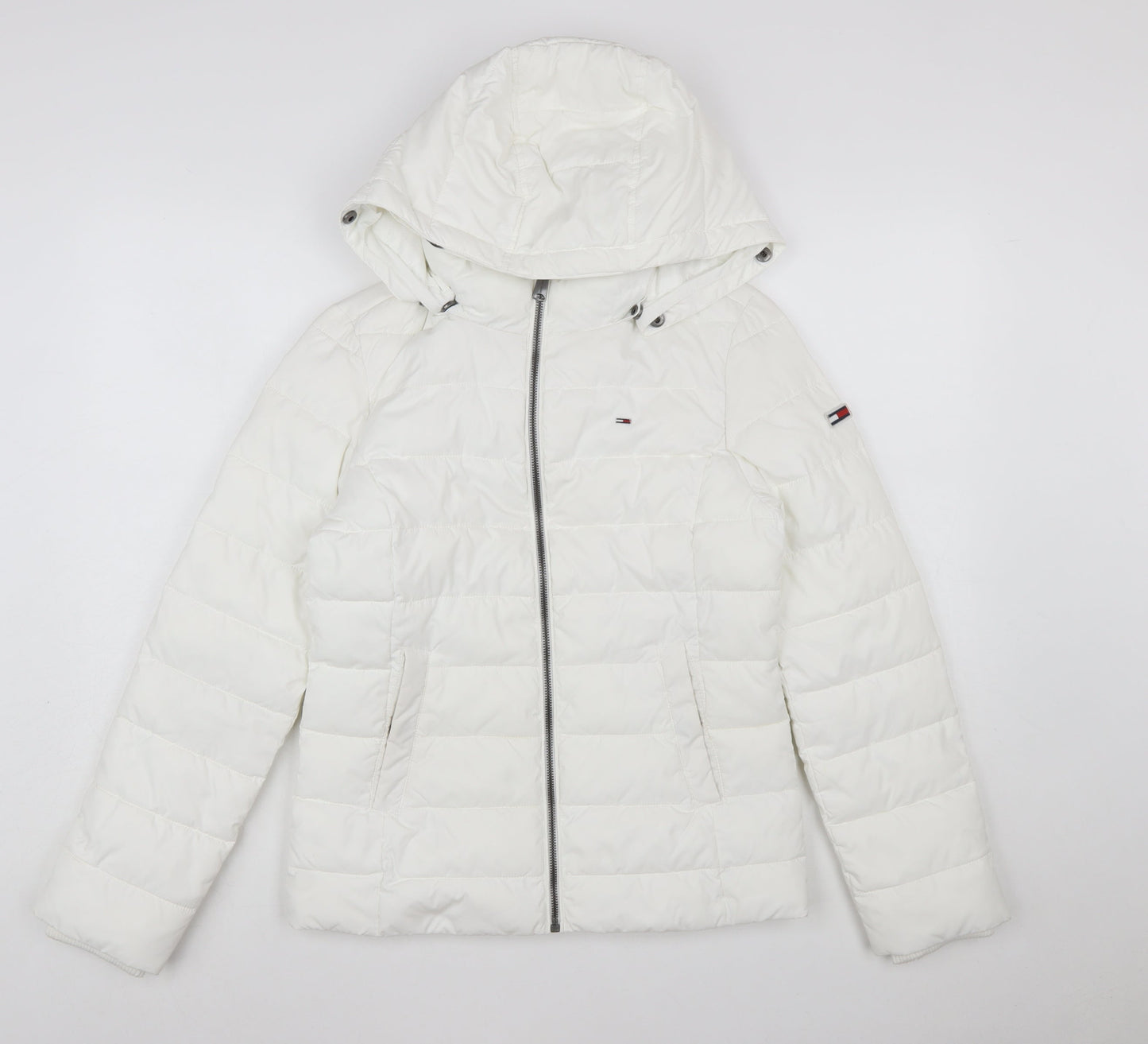 Tommy Jeans Women's White Puffer Jacket Hooded Short Size S