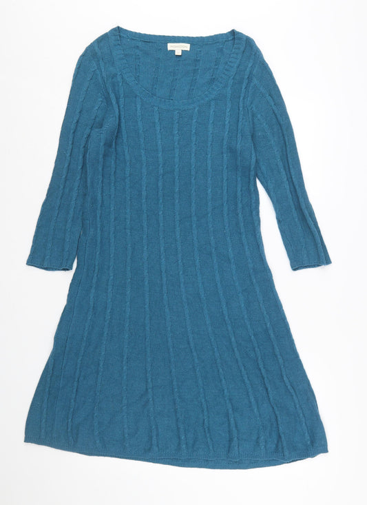 Monsoon Women’s Blue Knit Jumper Dress M 3/4 Sleeve Cotton Angora