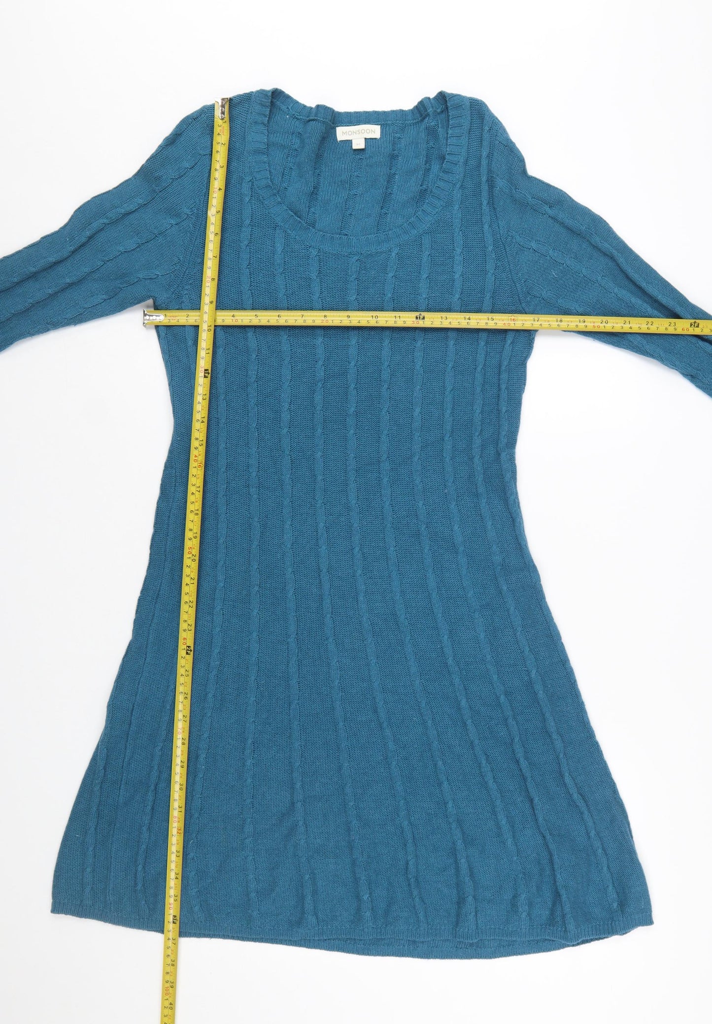 Monsoon Women’s Blue Knit Jumper Dress M 3/4 Sleeve Cotton Angora