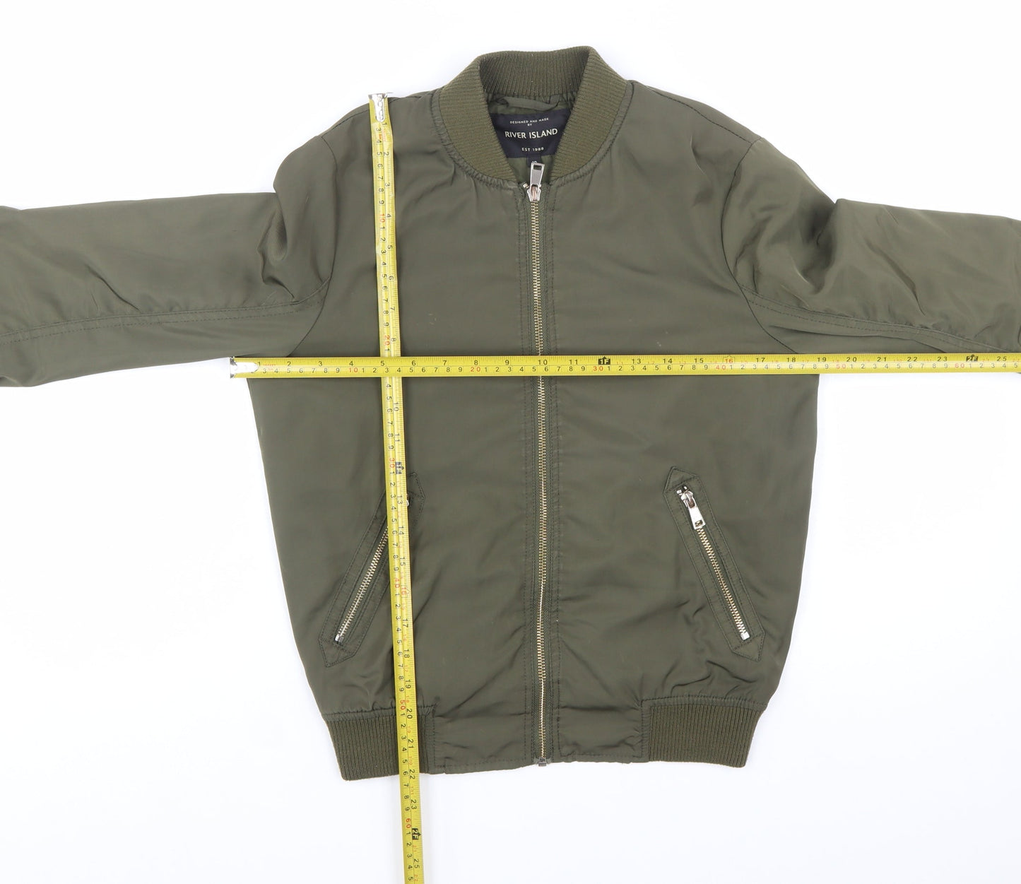 River Island Women's Green Bomber Jacket Size 10 Zip Casual Autumn