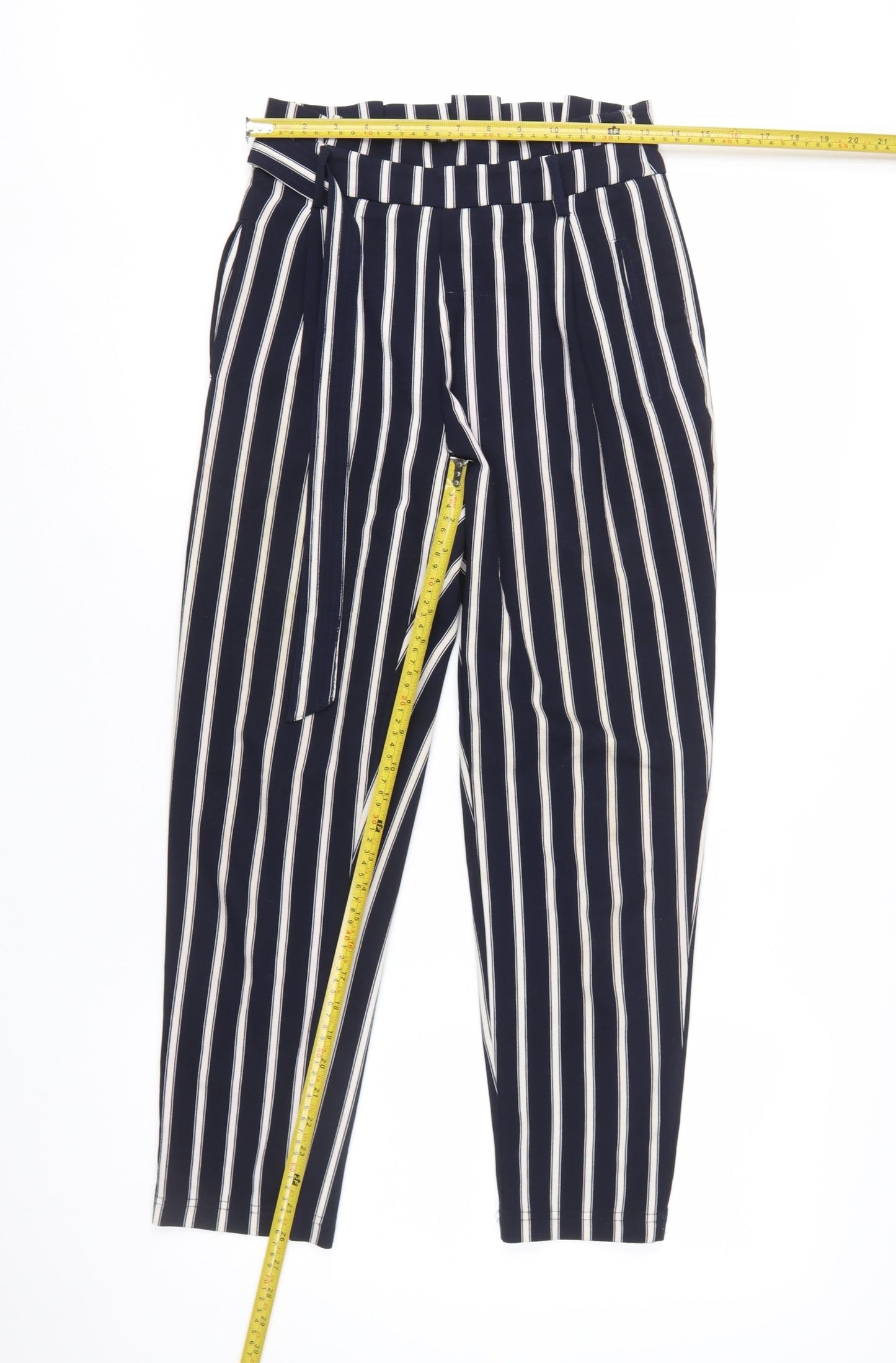 Stradivarius Women Blue Striped Paperbag Trousers Size 8