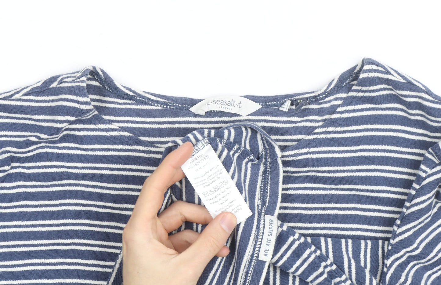 Seasalt Cornwall Women's Blue Striped Organic Cotton 3/4 Sleeve T-Shirt Size 14