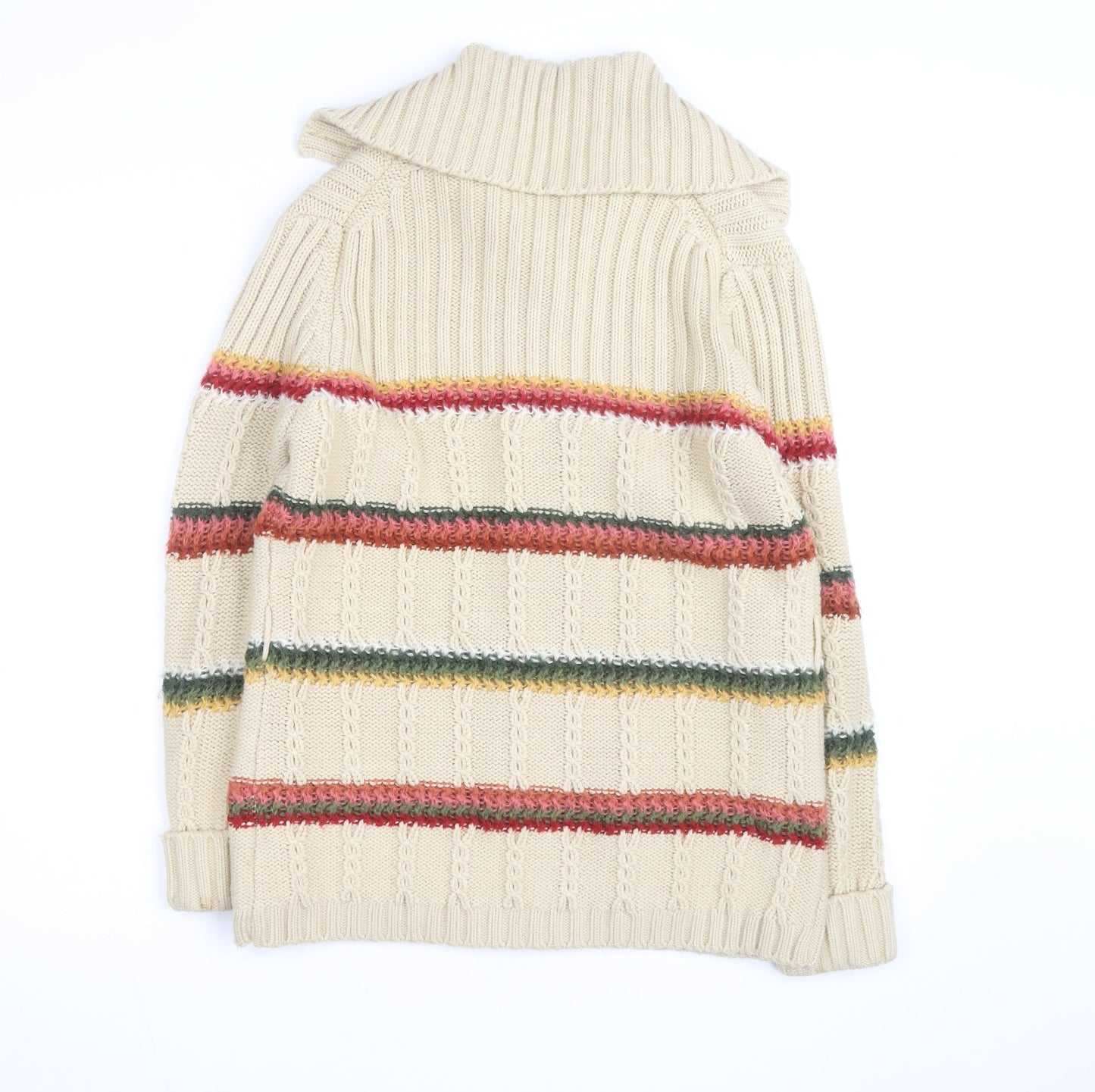 Import Men's Beige Striped Cable-Knit Cardigan L Long Sleeve