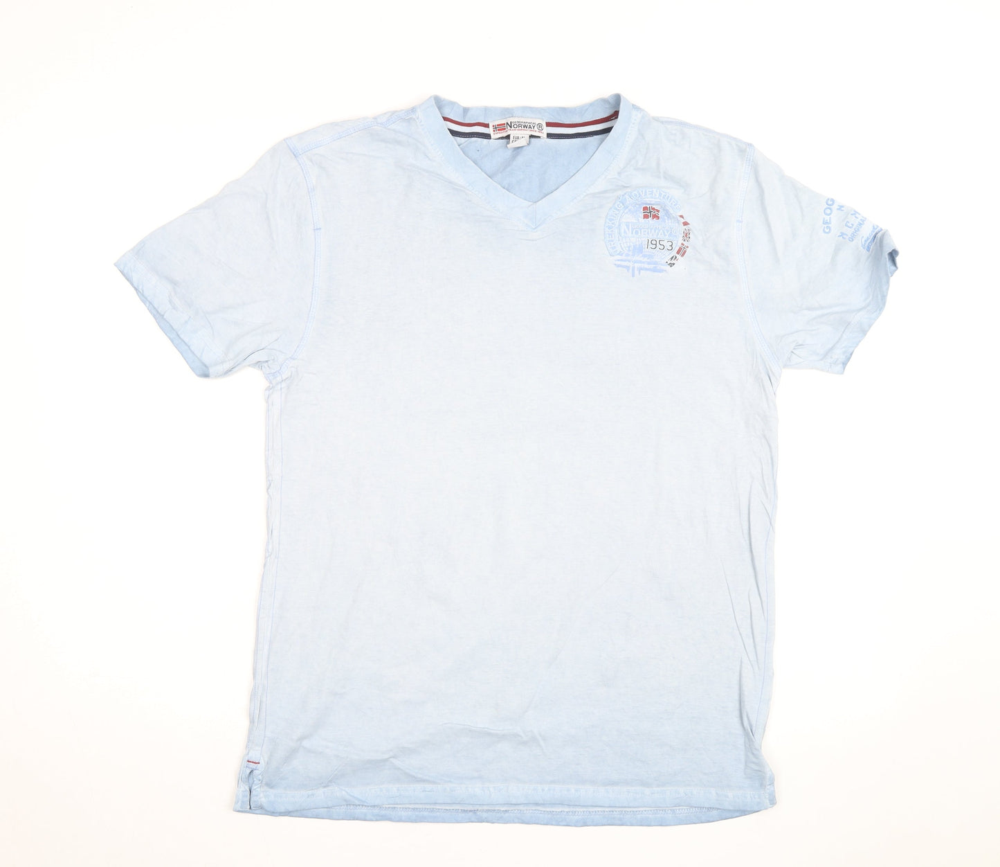Geographical Norway Men's Blue Embroidered V-Neck Cotton T-Shirt M