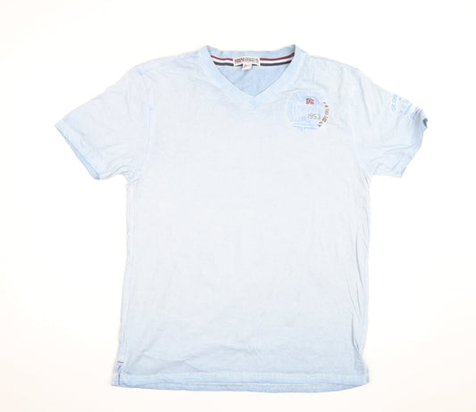 Geographical Norway Men's Blue Embroidered V-Neck Cotton T-Shirt M