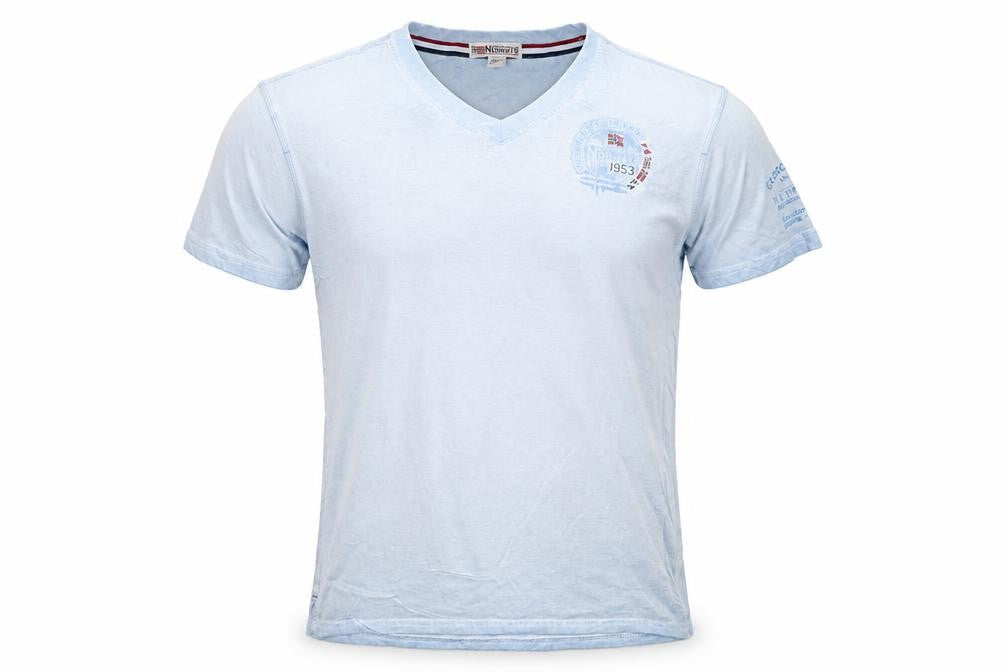 Geographical Norway Men's Blue Embroidered V-Neck Cotton T-Shirt M