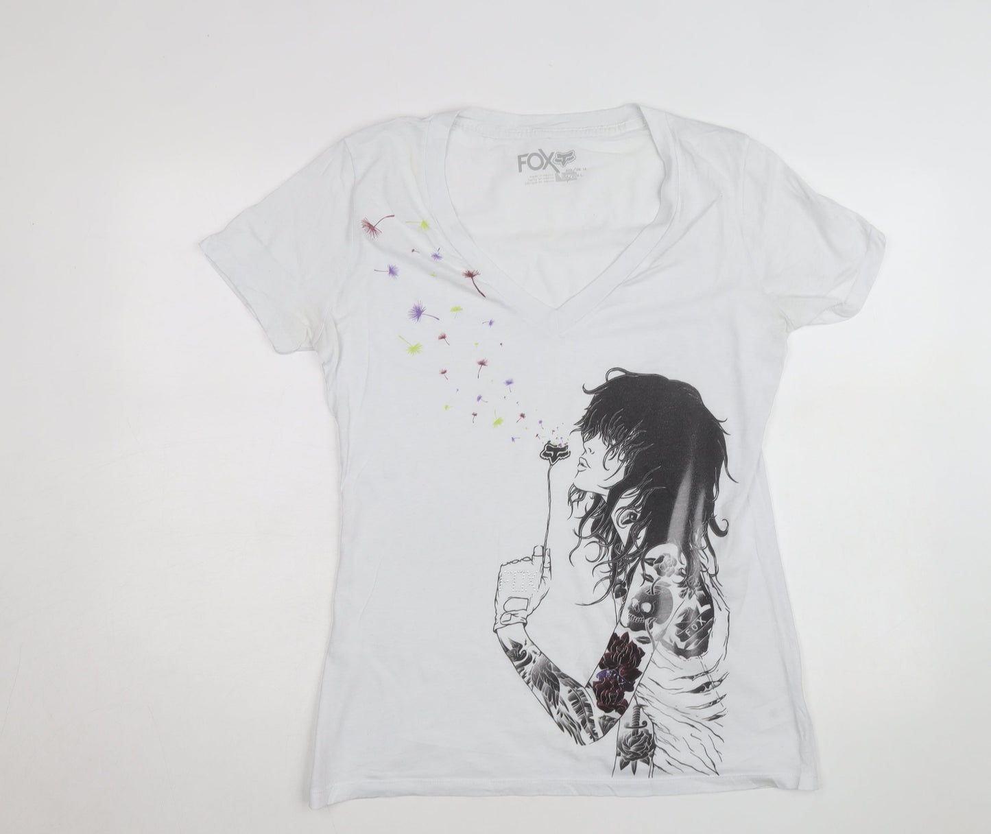 Fox Womens White Graphic V-Neck Short Sleeve Cotton T-Shirt Size L