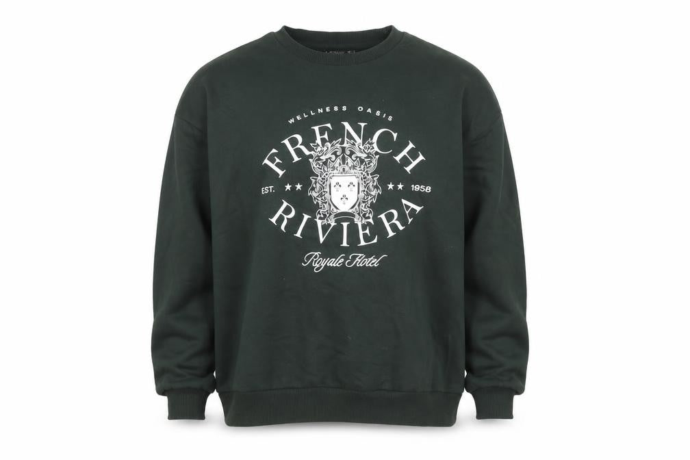 Stradivarius Unisex Dark Green French Riviera Graphic Sweatshirt Size S