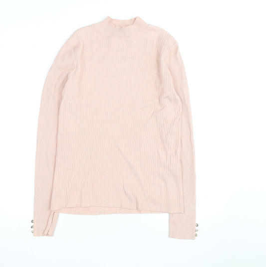 Lipsy Women Pink Ribbed Mock Neck Long Sleeve Pullover Jumper Size 10