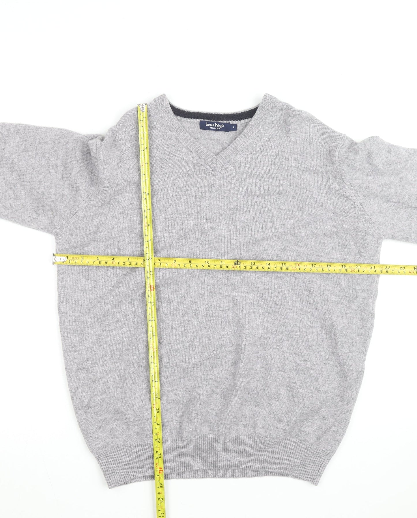 James Pringle Men's Grey Wool V-Neck Jumper Size L Classic Knit