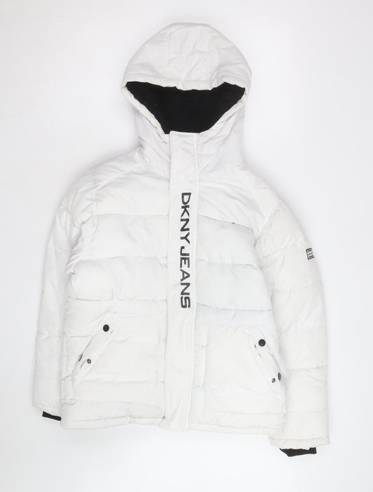 DKNY Jeans Boys White Hooded Puffer Jacket Size 10 Years Winter Coat