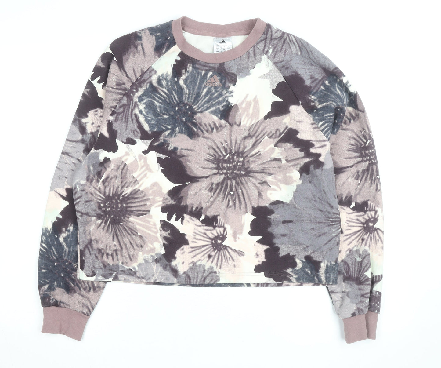 Adidas Women Beige Floral Print Crew Neck Pullover Sweatshirt Size 10