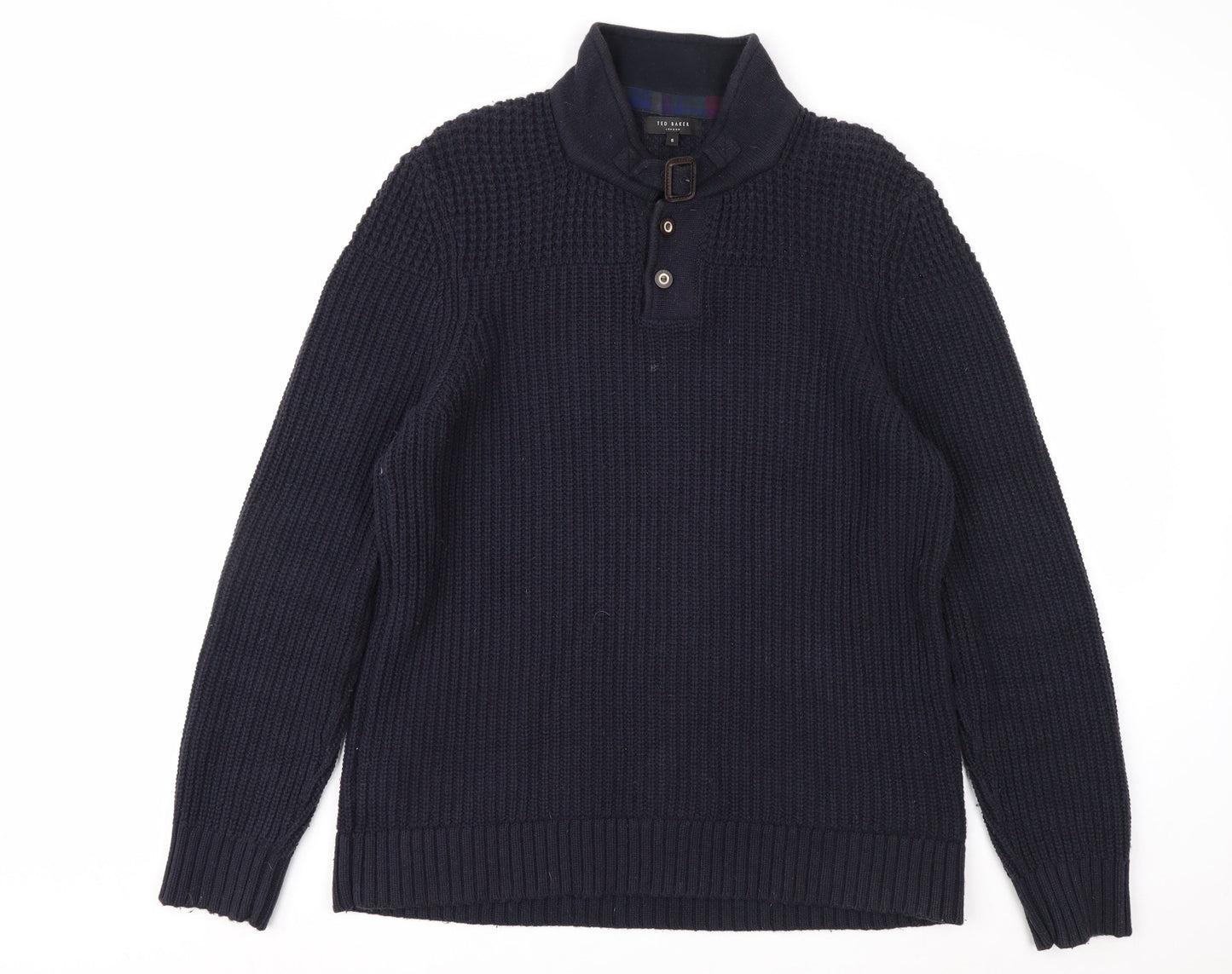 Ted Baker Men's Blue XL Chunky-Knit Collared Henley Jumper