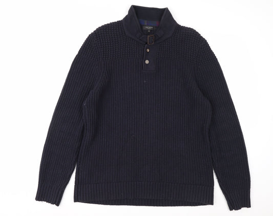 Ted Baker Men's Blue XL Chunky-Knit Collared Henley Jumper