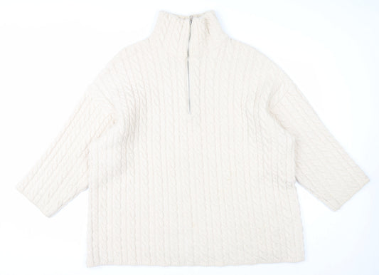 H&M Mens Ivory Wool Blend Cable Knit Half Zip Jumper M