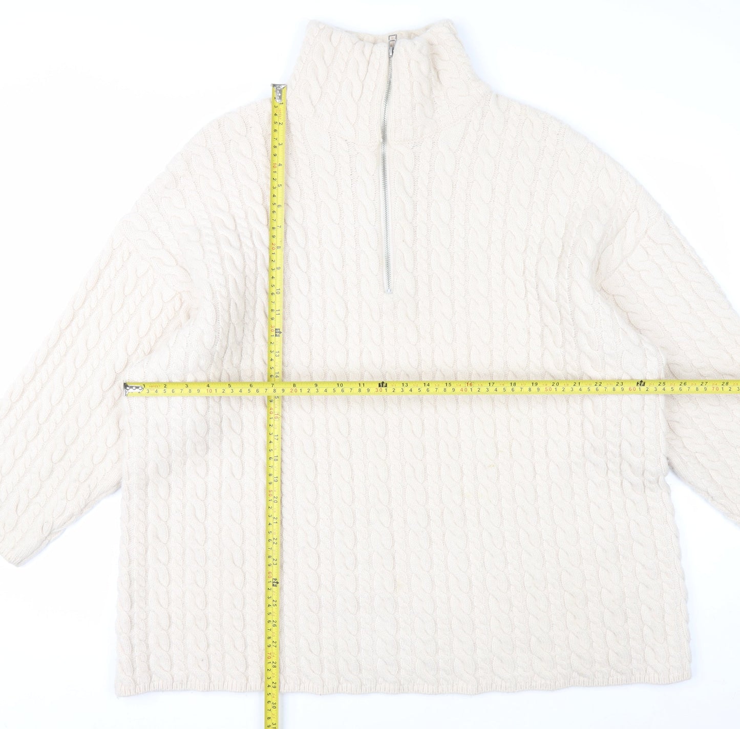 H&M Mens Ivory Wool Blend Cable Knit Half Zip Jumper M