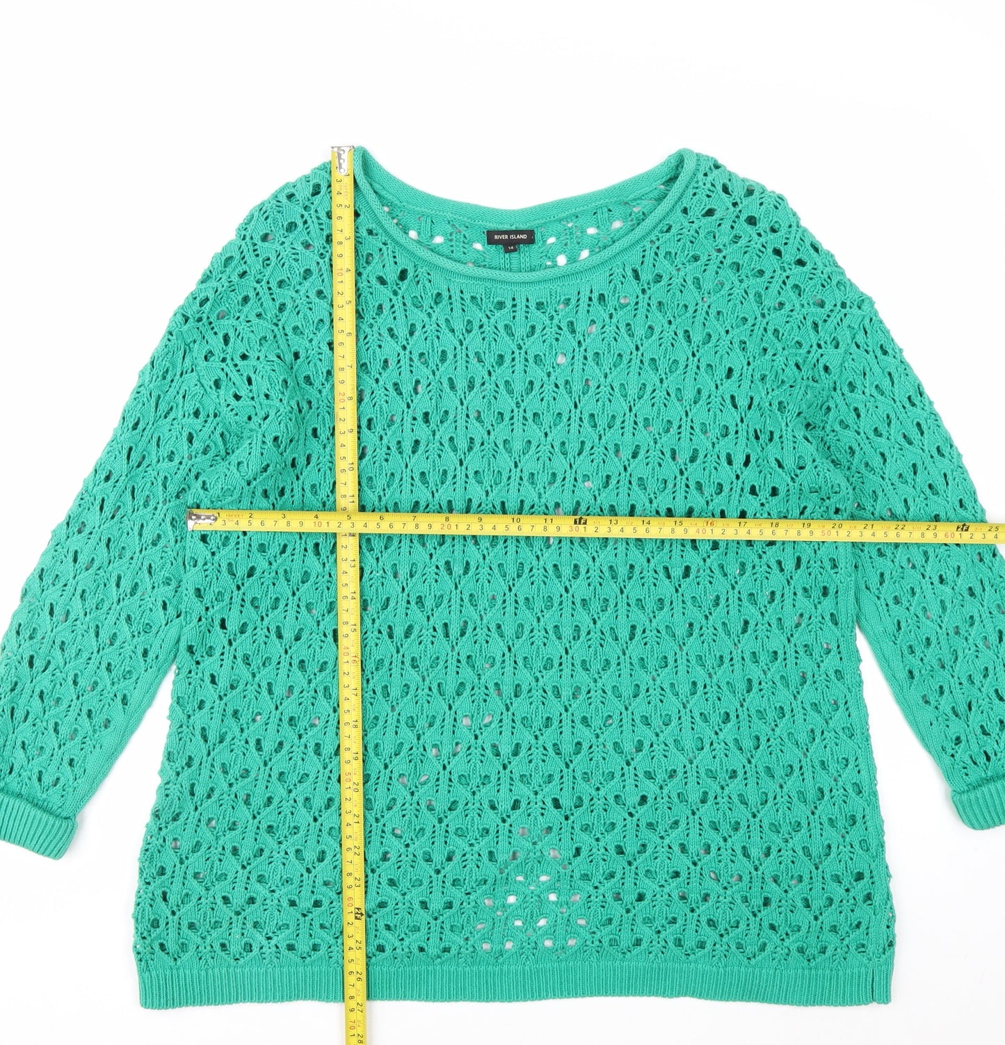 River Island Women Green Crochet Knit Jumper Size 14 Relaxed Fit
